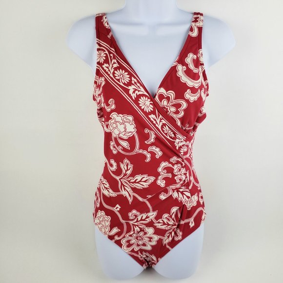 Jantzen Other - Vneck Faux Wrap Cinched Red White Graphic Swimsuit